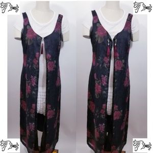 Michael Blair Duster Vest Sz 12 Black Floral Tasse